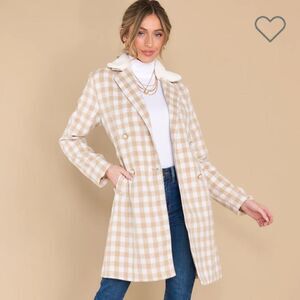 Red Dress It's A Look Beige Plaid Coat Tie Double Breast Pearl Button L J NWT